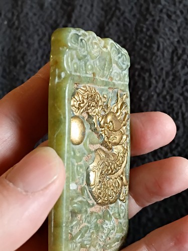 Tibetische / chinesische alte handgeschnitzte / bemalte Hetian Jade Drache Plakette - Bild 2 von 13