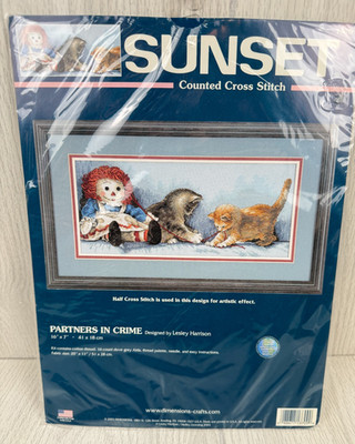 Dimensions Sunset PARTNERS IN CRIME Cross Stitch 13709 NOS Raggedy Ann Cats