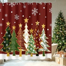 Christmas Tree Shower Curtain, Winter Snow Xmas New Year Holiday Bathroom Red