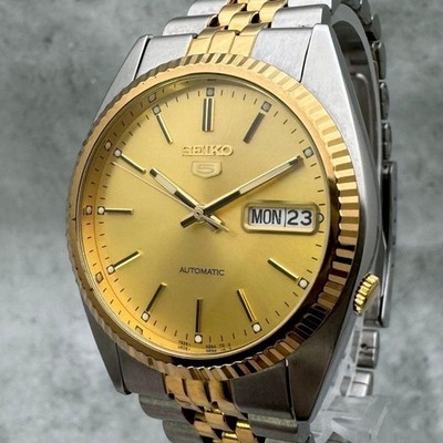 Excellent Seiko 5 7S26-0500 Two Tone Gold Dial Skeleton Automatic Men Watch