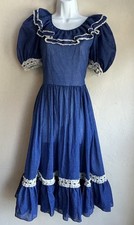 Vintage 1970s Handmade Prairie Dress S M Blue Polka Dot Lace Cottagecore Boho