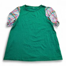 Crown & Ivy Green Tee with Plaid Puff Sleeves, Size L