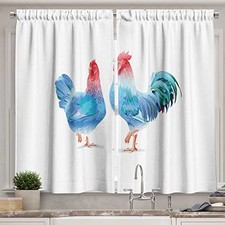 Chicken Kitchen Curtains, Blue Rooster 55"W x 39"L Pack of 2 Pink Scarlet