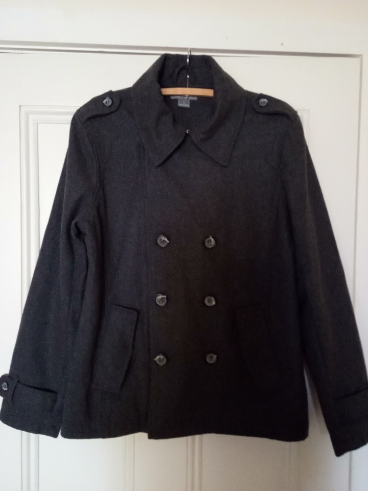 em premium wool coat. sz:s (10-12). grey. lined. double buttons. pockets. vgc