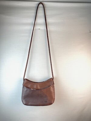 Fossil Leather Crossover Small Handbag Key Charm Brown Pebbled Minimalist Vtg