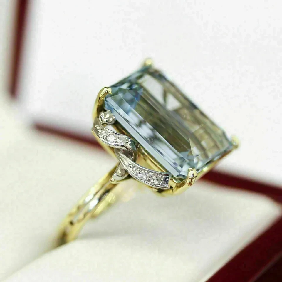 4.50Ct Emerald Cut Aquamarine Engagement Solitaire Ring 14K Yellow Gold Finish - Image 2 of 4
