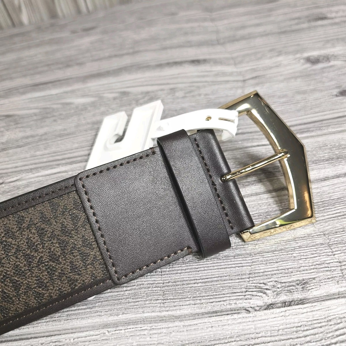 MICHAEL KORS MK Signature Logo Brown Elastic Belt w/Gold Buckle