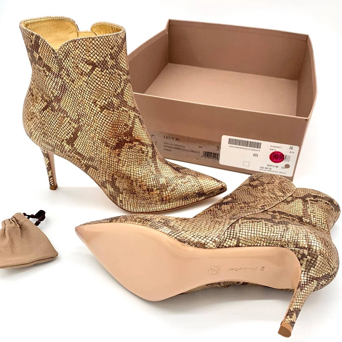 Gianvito Rossi NEW Levy 85 Snake Skin Leather Metallic Gold Ankle