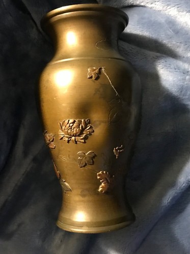 As is Antique Japanese Meiji Bronze Mixed Metal Vase - Stork & Flowers 8 1/4 - Picture 7 of 13