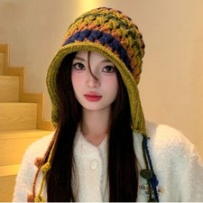 Japanese Lady Knitted Beanie Hat Crochet Cap Warm Earflap Hat Tassel Pompom Hat