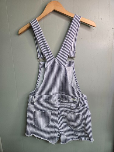 Almost Famous Denim Shortall Womens Size M White Blue Stripe Cotton Stretch - Picture 2 of 8