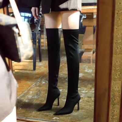 Stiefel Frau Oben Up Knie Schwarz Weich 9.5 CM Leder Kunststoff 91604