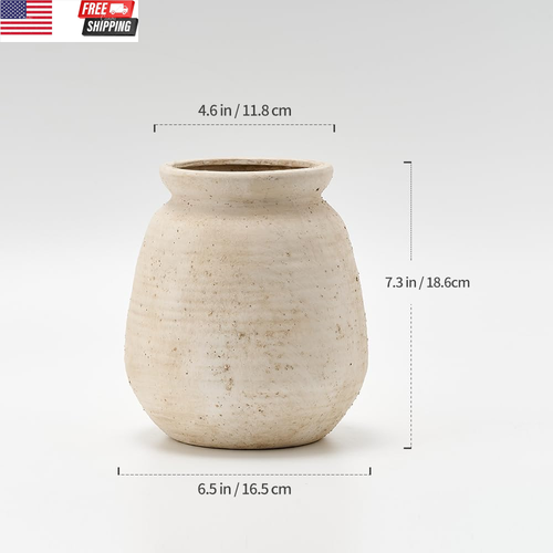 Ceramic Rustic Farmhouse Vase | 7.3 Inch Pottery Decorative Flower for Home Deco - Picture 5 of 7
