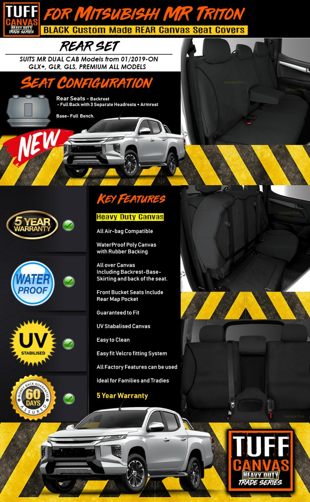 TUFF HD TRADE Canvas REAR Seat Covers Triton MR Dual Cab GLX GLR 1/2019