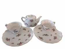 Pink Flower Tea Set Pot 2 Cups 2 Saucers Scalloped Gold Trim