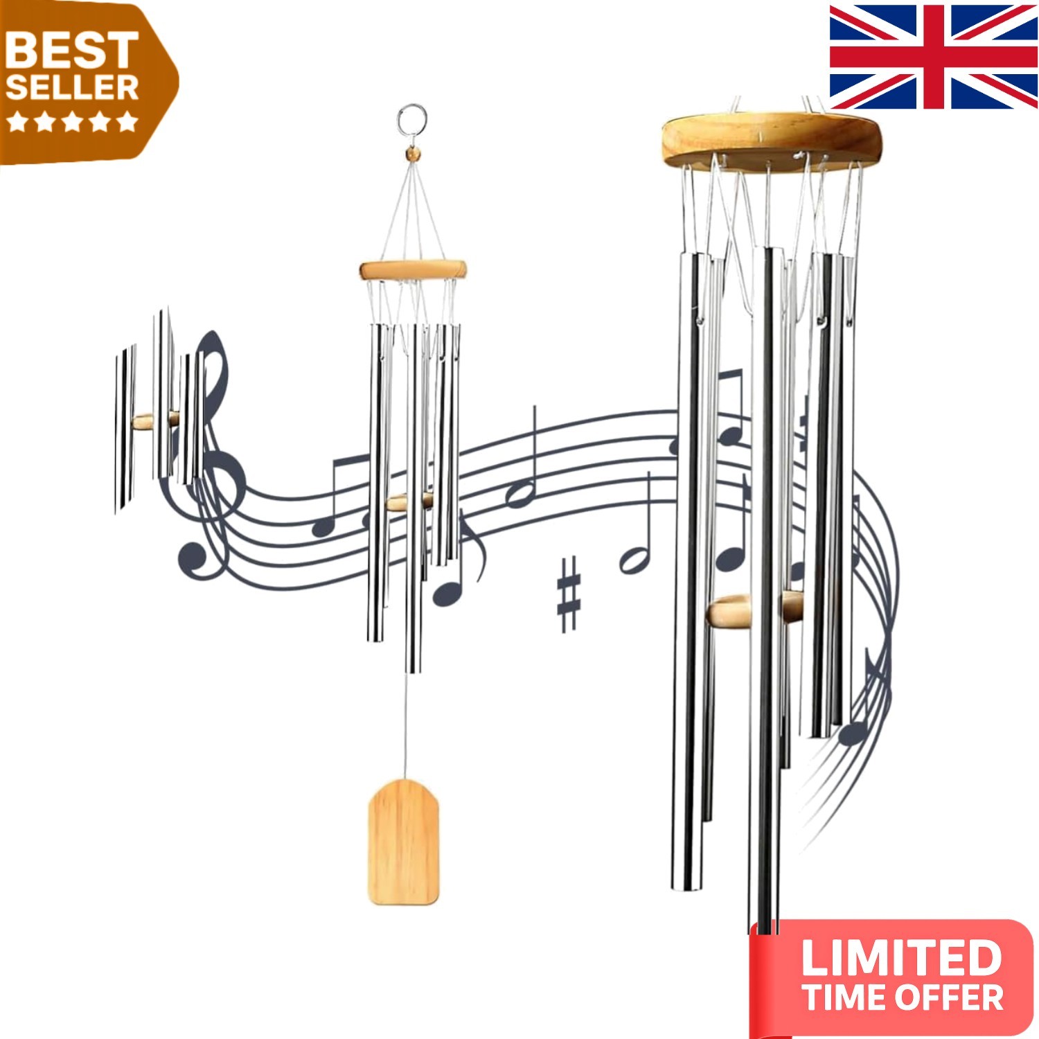 Mother's Day Gift: Silver Musical Wind Chimes with Elegant Wooden Pendulum