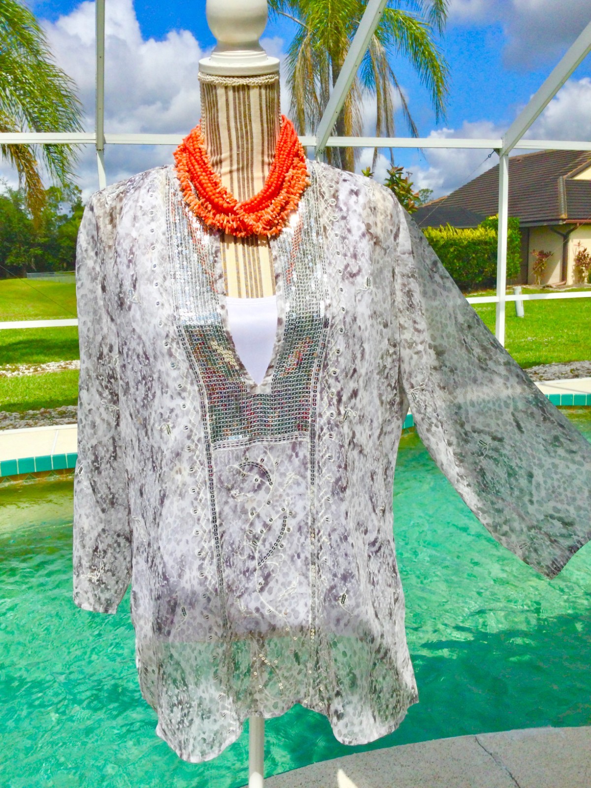 CHICOS Multi Blue,White DRAMATIC Geometric  Dolma… - image 15