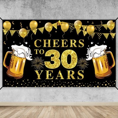 Happy 30th Birthday Banner Decorations, Black Gold Cheers to 30 years Backdro...