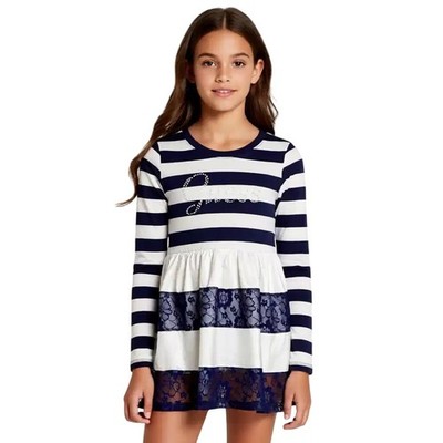 Guess Girls Navy White Striped Rhinestone Logo Lace Dress L(14) NWT