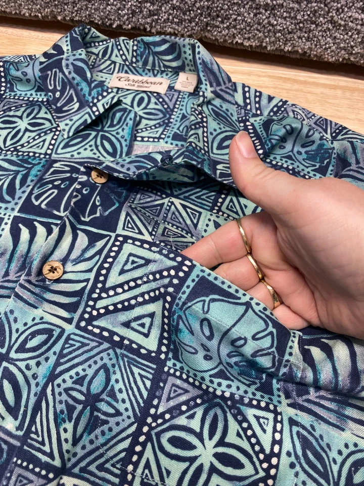 Camisa de campamento Caribbean mezcla de seda crucero para hombre L manga corta abotonada azul Foto 4 de 4