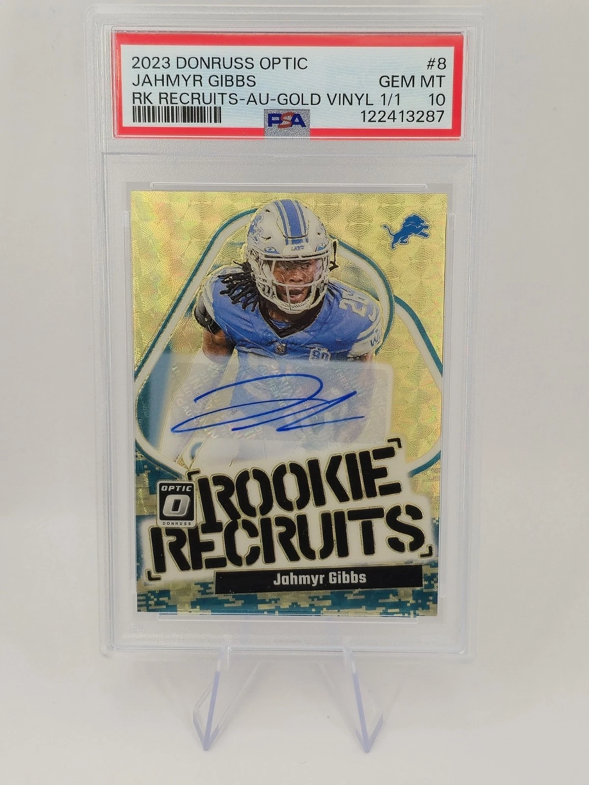 Jahmyr Gibbs Panini Donruss Optic Rookie Recruits #8 Autograph-Gold Vinyl 1/1