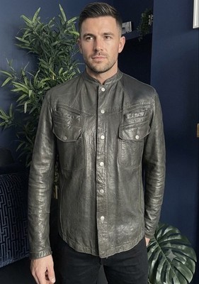 AllSaints Monster Rock Lederjacke Henley Hemd Knopf Herren Medium dunkelgrau