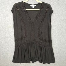 Counterparts Linen Crochet Tunic Top Medium Chocolate Pom Boho Cottage Cowgirl