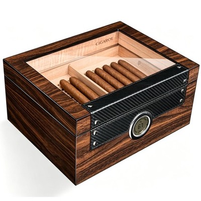 Cigar Humidor with Glass Top & Spanish Cedar Wood, Desktop Humidor with Digit...