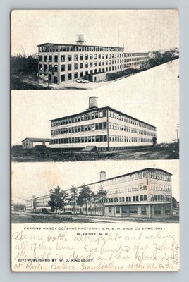 Perkins-Hardy and H. E. H. Shoe Factories in W. Derry, N.H. postcard