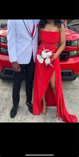 Red Satin Strapless Maxi Dress with Corset, Sheer Waist & High Slit