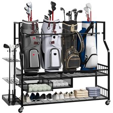 Golf Bag Storage Garage Organizer Rack Wheels,Fit 4 Golf Bags,Metal Stand Drawer