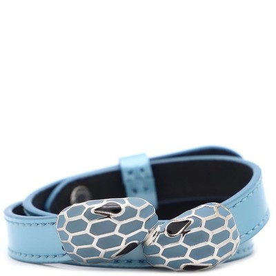 BVLGARI Serpenti Forever Leather Bracelet Light Blue Silver Hardware Snake