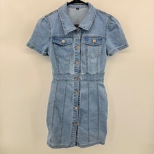 Unbranded Light Wash Denim Button Front Mini Dress Short Puff Sleeve Blue Small