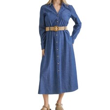 Denim Button Down Belted Dress-224MS