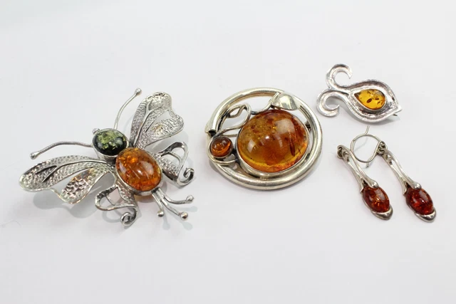 07 Sterling Silver Amber Jewellery Butterfly Baltic Copal Celtic Foliate x 4
