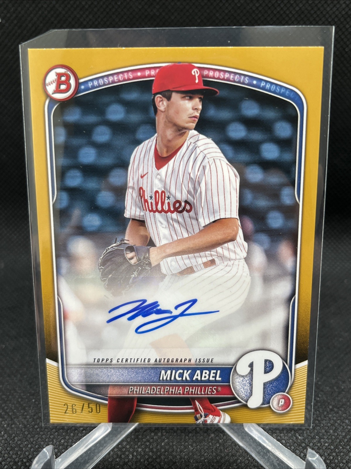 2025 Bowman Mick Abel GOLD Prospect Auto /50 #BPA-MA Phillies 9 K MLB Debut 🔥📈
