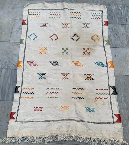 Vintage Handmade Moroccan Pictorial Barber Silk Kelim Area Rug 3x5 ft Free Ship