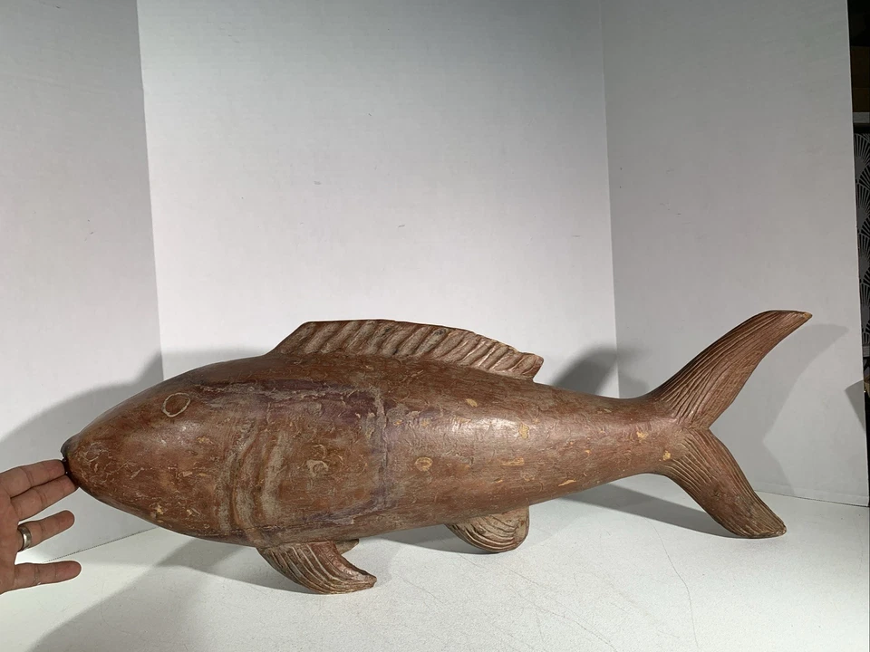 Large 28” Long Vintage Primitive Hand Carved Wooden Fish Folk Art Sculpture - Image 2 of 4