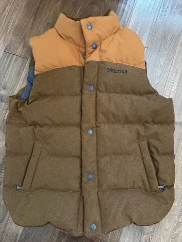 Marmot 700 Fill Down Puffer Vest Men’s M Brown Orange Colorblock - product listing photo