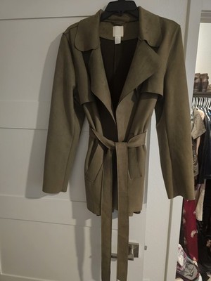 H & M Olive Green Faux Suede Belted Trench Coat, Size L