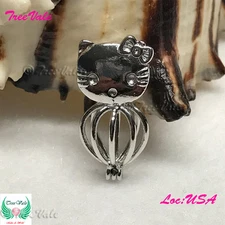 Cutie Kitty - Silver Plated - Locket Pearl Cage Pendant - Hold 5mm - 8mm