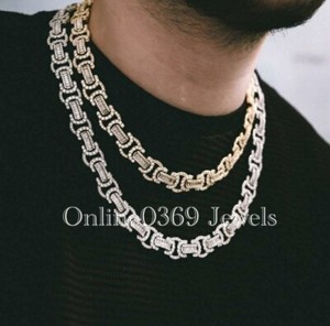 Authentic 14k Yellow Gold Plated Men's 10mm x 24" Long Byzantine VVS Moissanite Silver