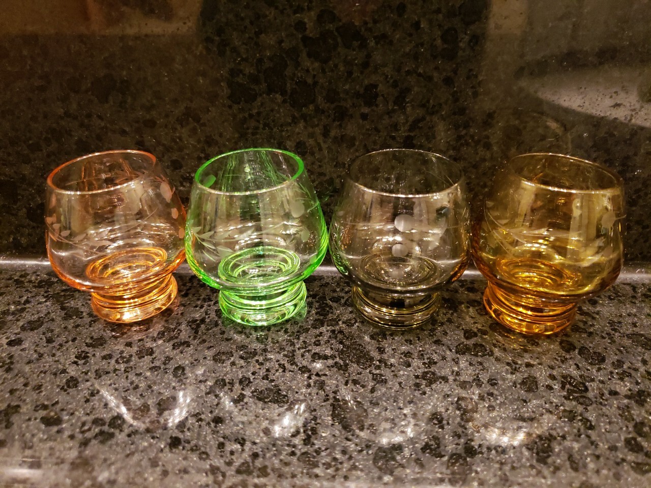 Vintage Set of 4 Colored Etched Glass Whiskey Shot Glasses / Brandy