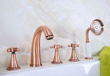 Antique Red Copper Bathtub Faucet Deck Mount 5 Hole Roman Tub Faucet Hand Shower