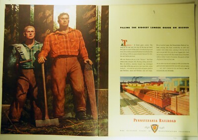 Vintage 1946 PENNSYLVANIA RAILROAD Lg Two-Pg Magazine Print Ad: LUMBER INDUSTRY