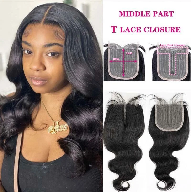 T part Lace Closure Body Wave/Straight Peruvian Human Hair Middle Part  Closure