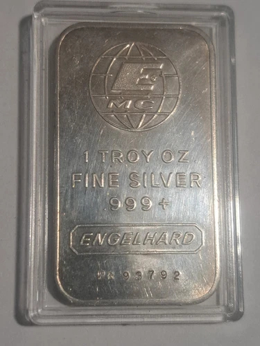 Vintage Engelhard Globe E MC Bar 1 Troy Oz .999 Pure Silver Bullion Art Bar