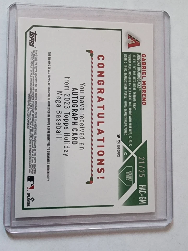 2023 Topps Holiday - Autographs #HAC-GM Gabriel Moreno /300 (AU, RC) 21 / 25 - Image 3 of 3