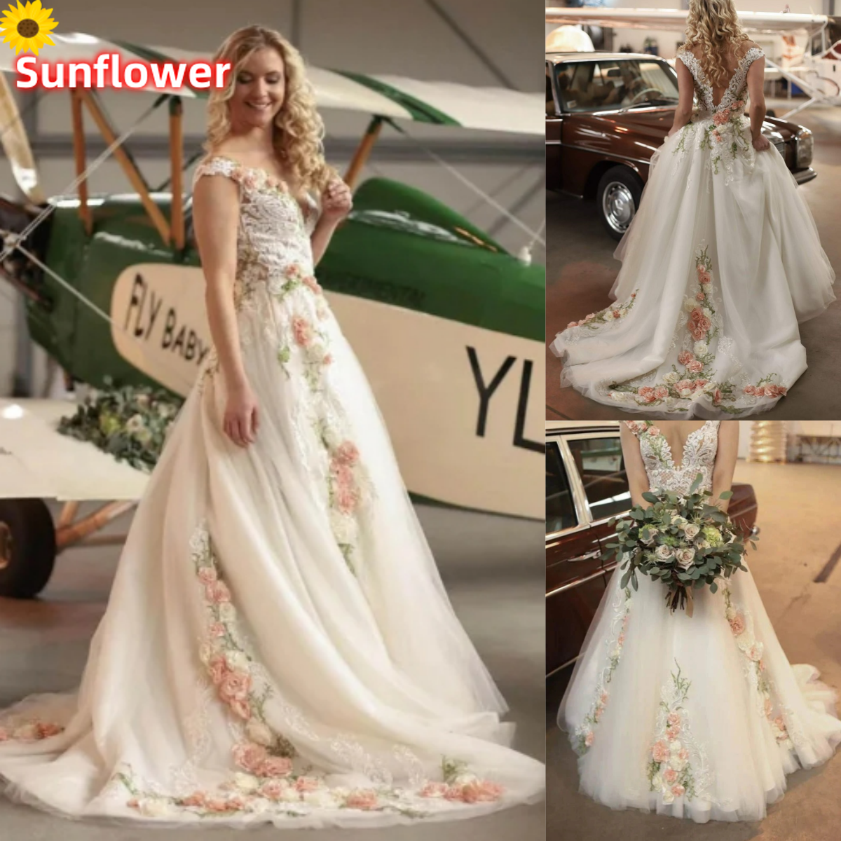 New 3D Flower Wedding Dresses A Line Sweep Train Lace V Neck Tulle Bridal  Gowns