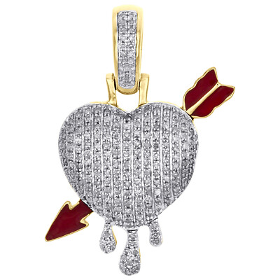 10K Yellow Gold Diamond Domed Heart & Bow Arrow Pendant 1.25'' Pave Charm 1/2 CT.
